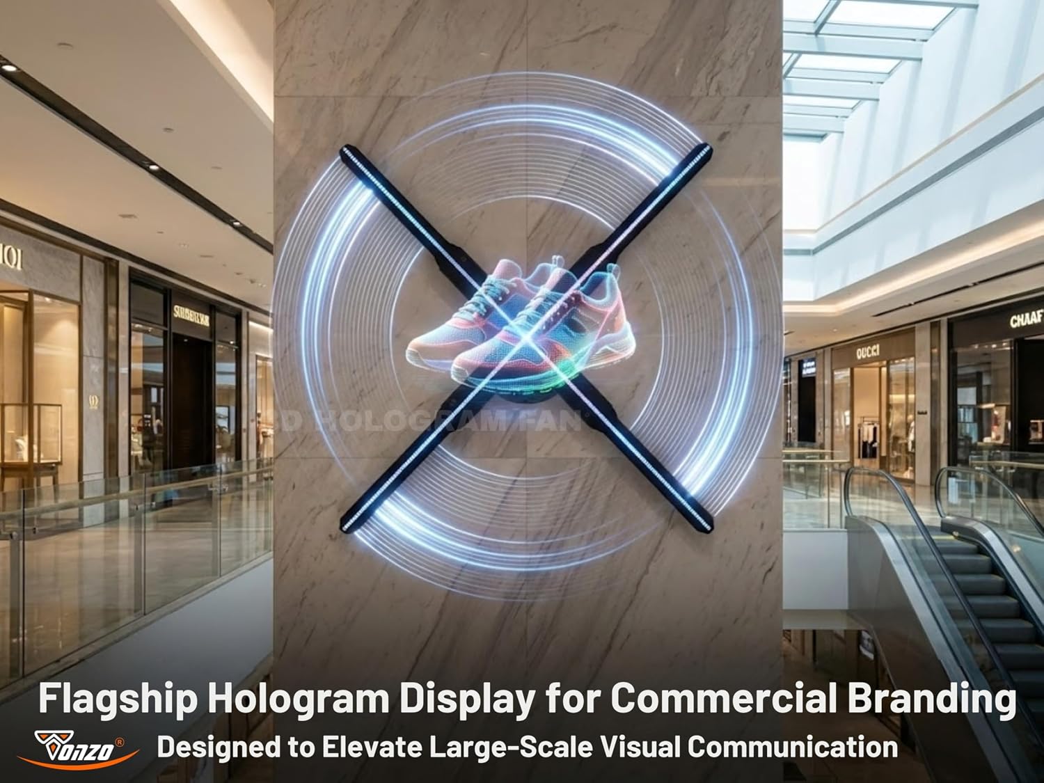 EMZAQ 100cm 3D Hologram Fan Display with 4 Blades, 1184 LEDs, 2600 × 1184 Resolution, WiFi App Control, Bluetooth Audio Support, 8GB Storage, Wall Mount Advertising Display | 1 Year Warranty