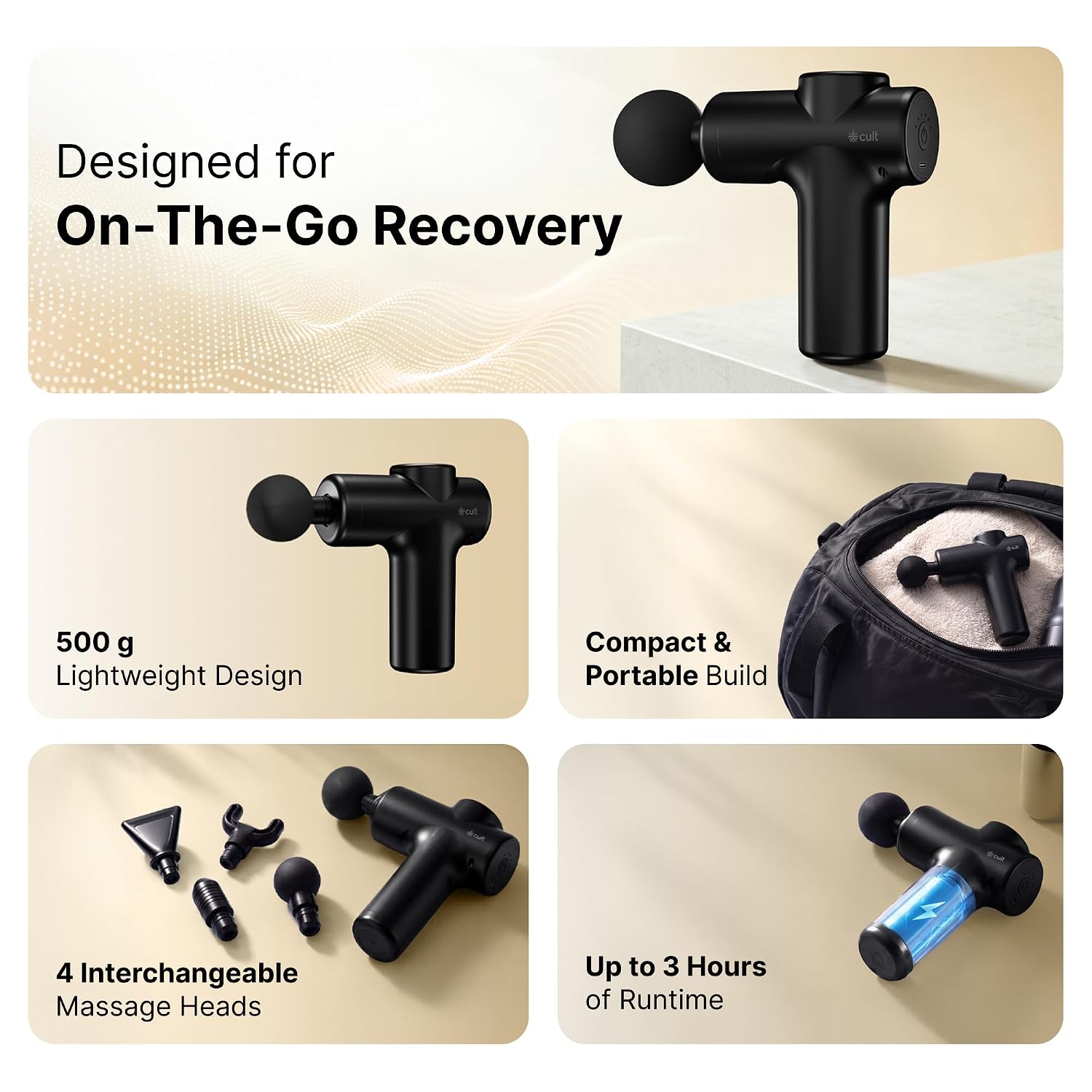 Cult Flex Portable Deep Tissue Massage Gun for Full-Body Muscle Relief, Ultra-Lightweight Handheld Design, 6 Speed Levels, Up to 3-Hour Battery Life, 4 Interchangeable Heads, Deep Tissue Massager for Arms, Shoulders, Legs & Everyday Recovery