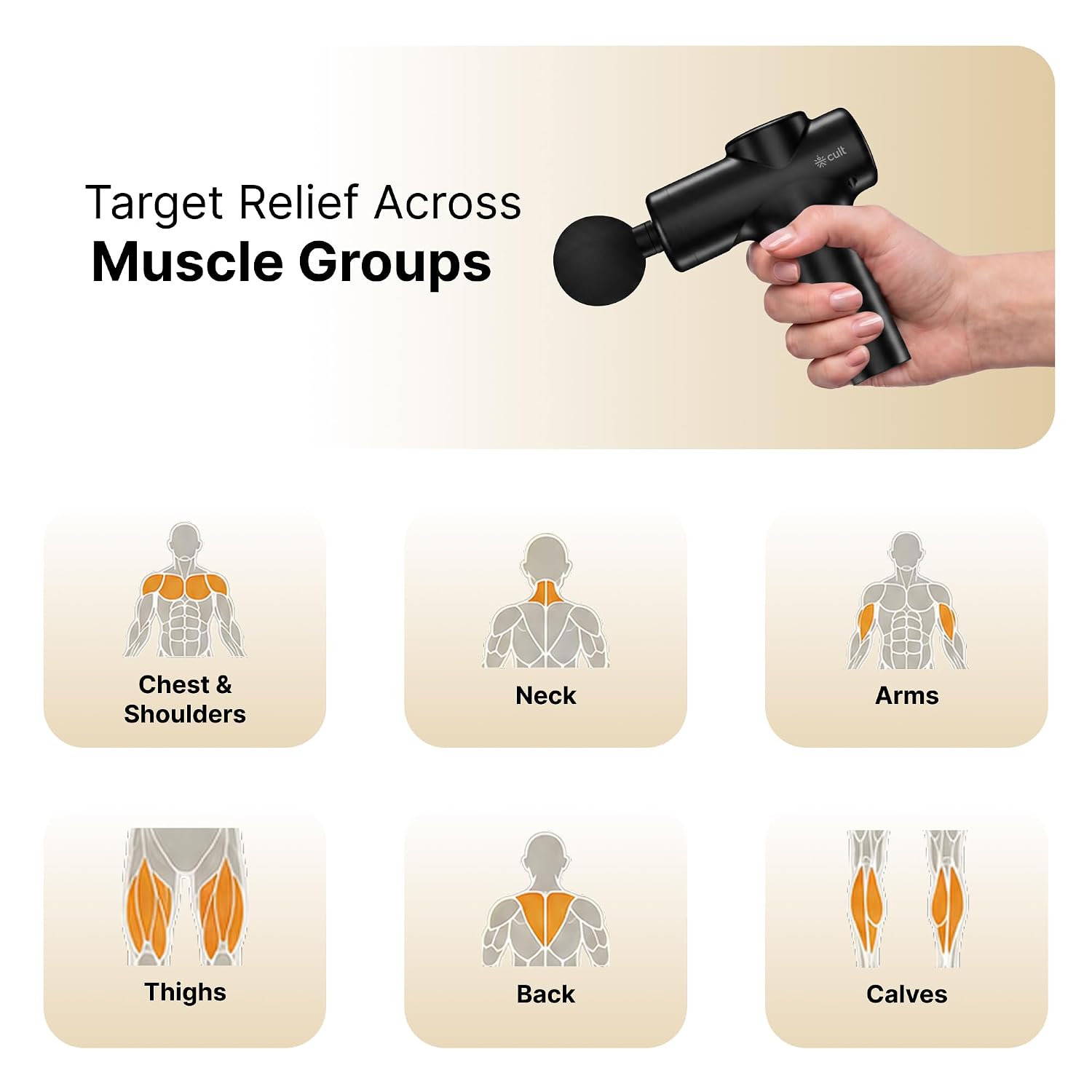 Cult Flex Portable Deep Tissue Massage Gun for Full-Body Muscle Relief, Ultra-Lightweight Handheld Design, 6 Speed Levels, Up to 3-Hour Battery Life, 4 Interchangeable Heads, Deep Tissue Massager for Arms, Shoulders, Legs & Everyday Recovery