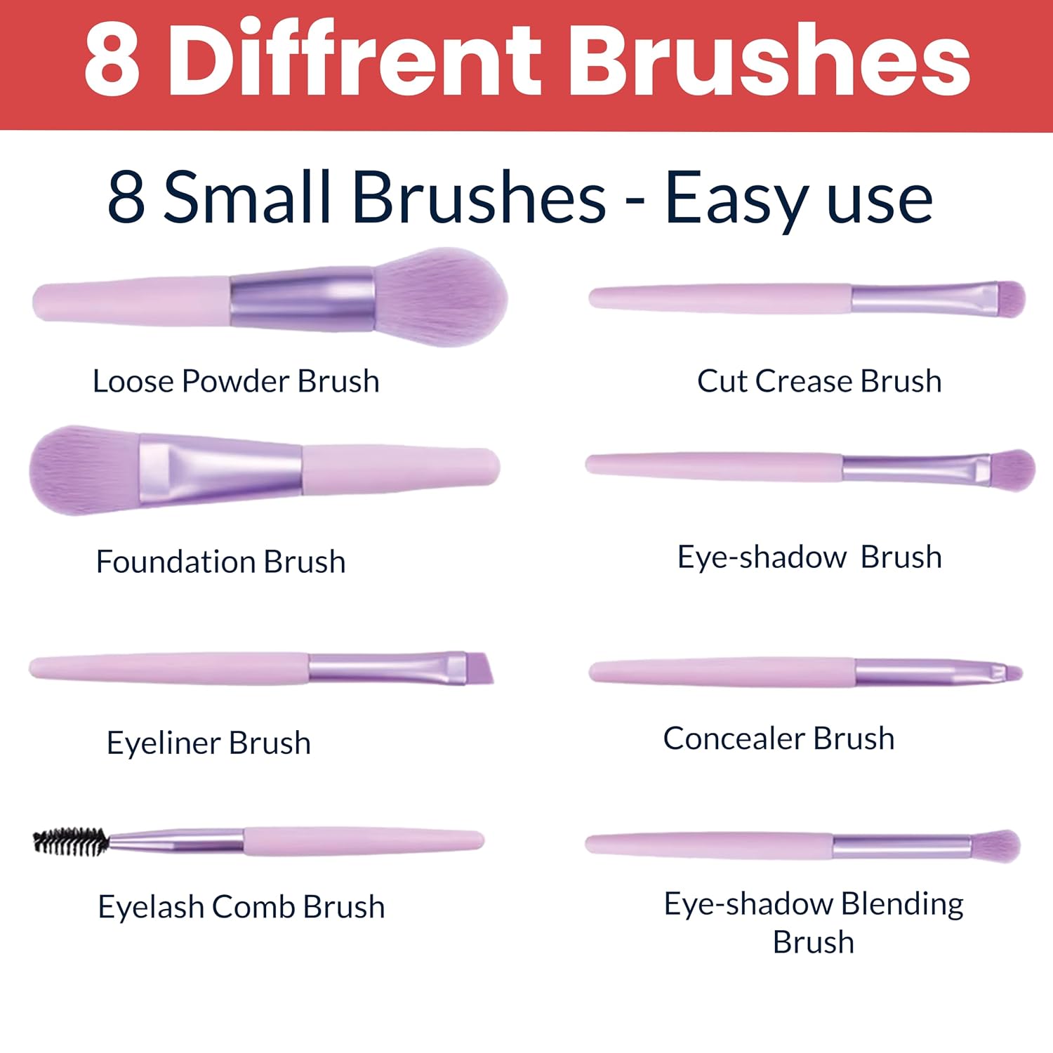 TEMPERIA (Pack of 8) Small Size Makeup Brush Set - Soft Bristles Make Up Brushes Sets Kit for Foundation, Concealers, Eyeshadow, Blush, Compact Face Powder, Highlighter, Contour, Blending Eye Liner - With Pouch (Random Colors)