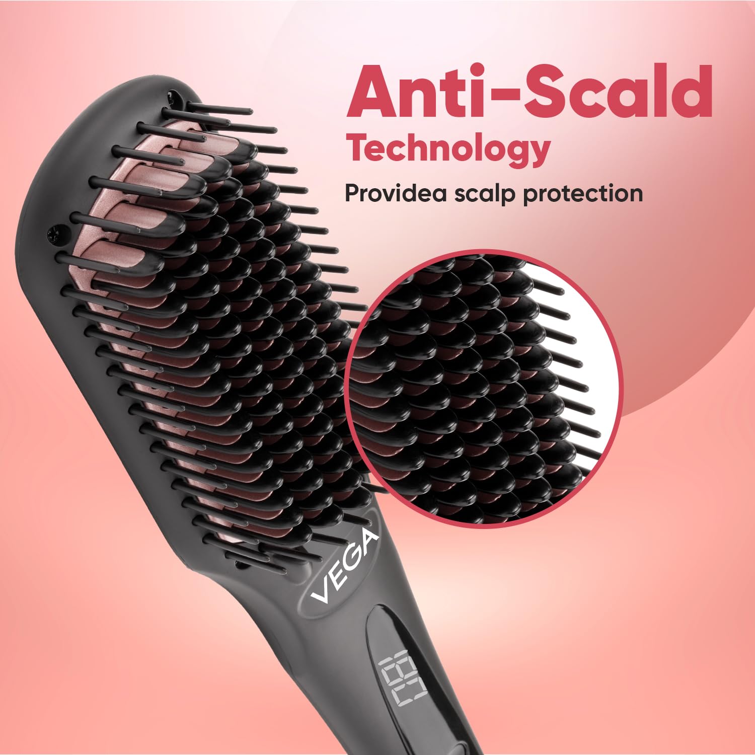 Vega Black Shine Hair Straightener Brush for Women, Straight in Min, Ionic & Thermoprotect Technology, 16 Temperature Settings, Hot Brush Heat Damage Protection for Scalp, Straightening Brush, VHSB-04