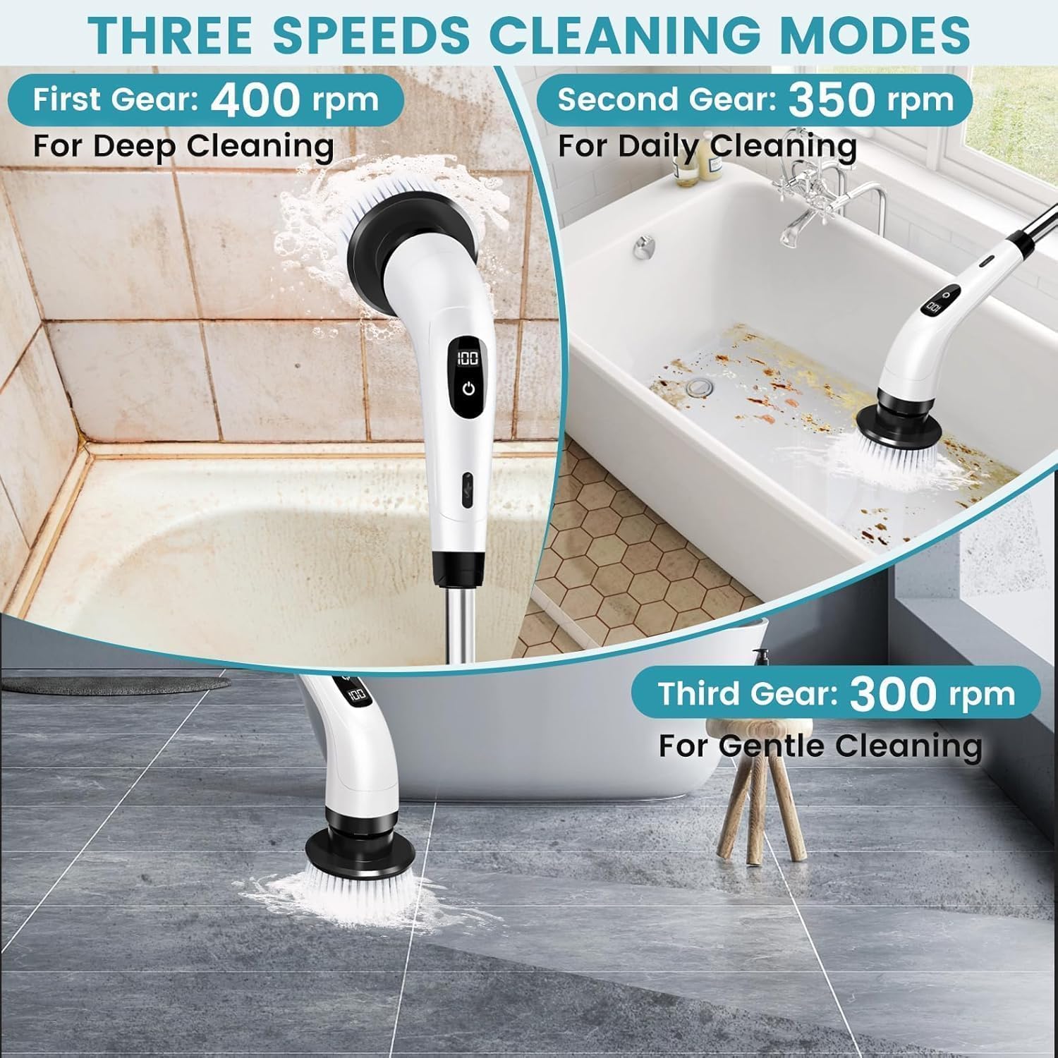 9 in 1 Electric Spin Scrubber,Cleaning Brush Scruber for Home, 400RPM/Mins-9 Replaceable Brush Heads-90Mins Work Time,Adjustable Size,2 Adjustable Speeds for Bathroom Shower