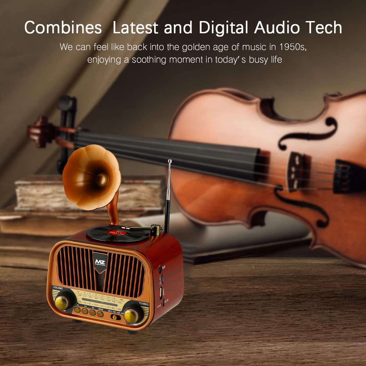 Vintage Gramophone Style Bluetooth Speaker | Retro Portable Wireless Speaker with Bluetooth 5.3, FM Radio, USB/TF Card Support & Type-C Fast Charging(MZ M427SP) (Reddish Brown)