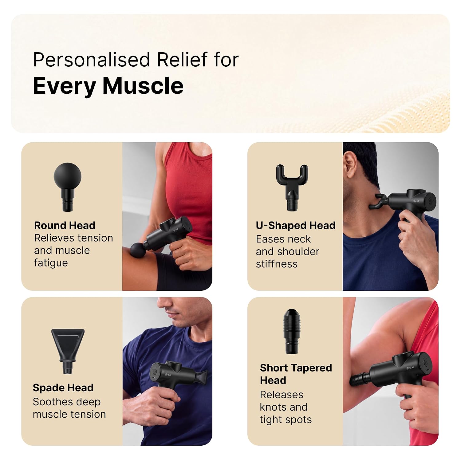 Cult Flex Portable Deep Tissue Massage Gun for Full-Body Muscle Relief, Ultra-Lightweight Handheld Design, 6 Speed Levels, Up to 3-Hour Battery Life, 4 Interchangeable Heads, Deep Tissue Massager for Arms, Shoulders, Legs & Everyday Recovery