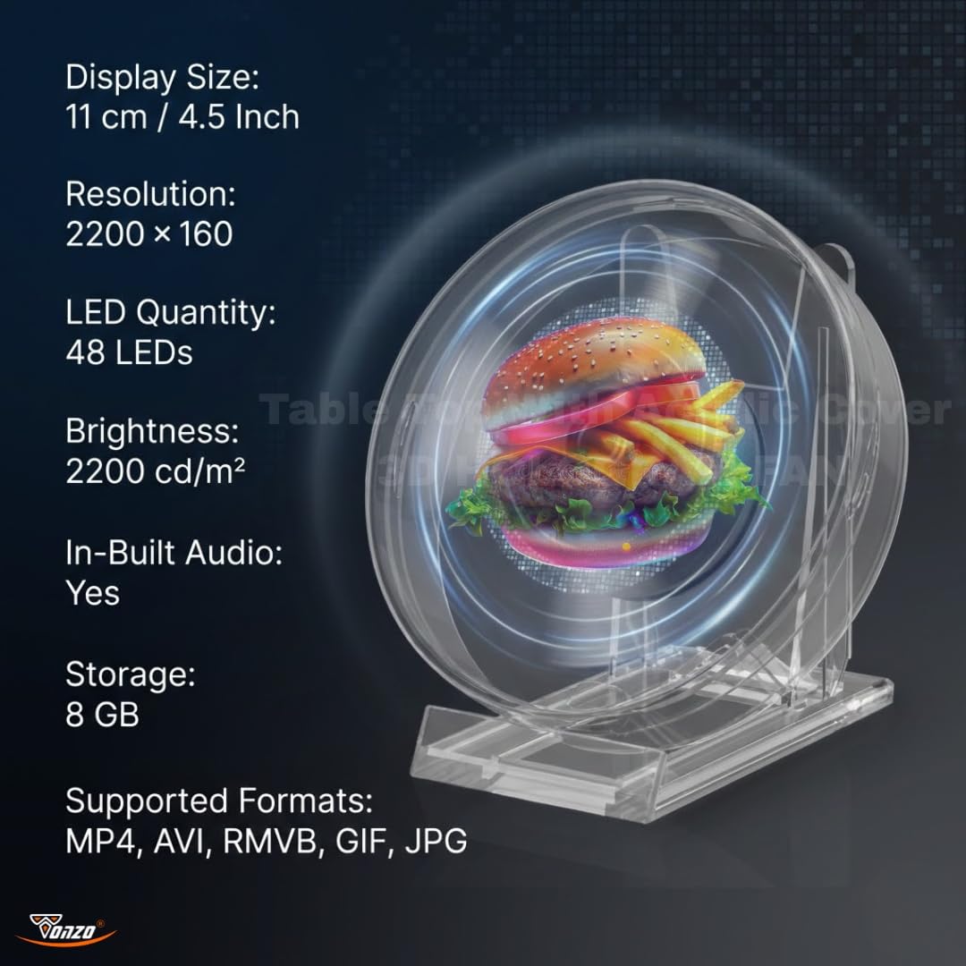 TONZO 11 cm Tabletop 3D Hologram Fan Display with Acrylic Cover | 48 LED Mini Holographic Advertising Display, 2200×160 Resolution, App Control | 3D Video & Image Display for Shop, Parties & Events