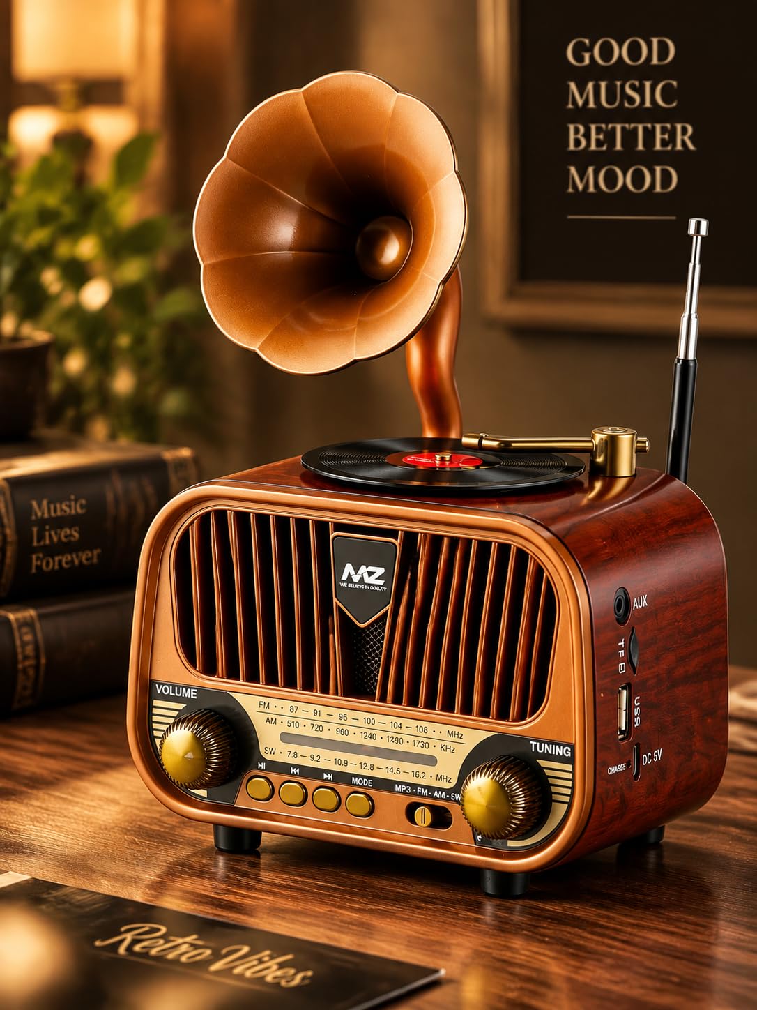 Vintage Gramophone Style Bluetooth Speaker | Retro Portable Wireless Speaker with Bluetooth 5.3, FM Radio, USB/TF Card Support & Type-C Fast Charging(MZ M427SP) (Reddish Brown)