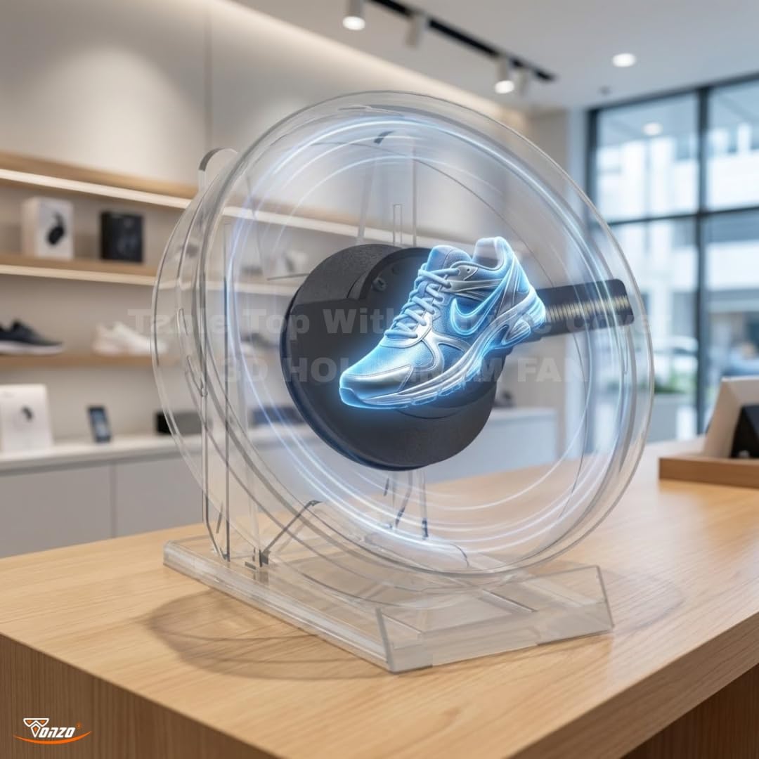 TONZO 11 cm Tabletop 3D Hologram Fan Display with Acrylic Cover | 48 LED Mini Holographic Advertising Display, 2200×160 Resolution, App Control | 3D Video & Image Display for Shop, Parties & Events