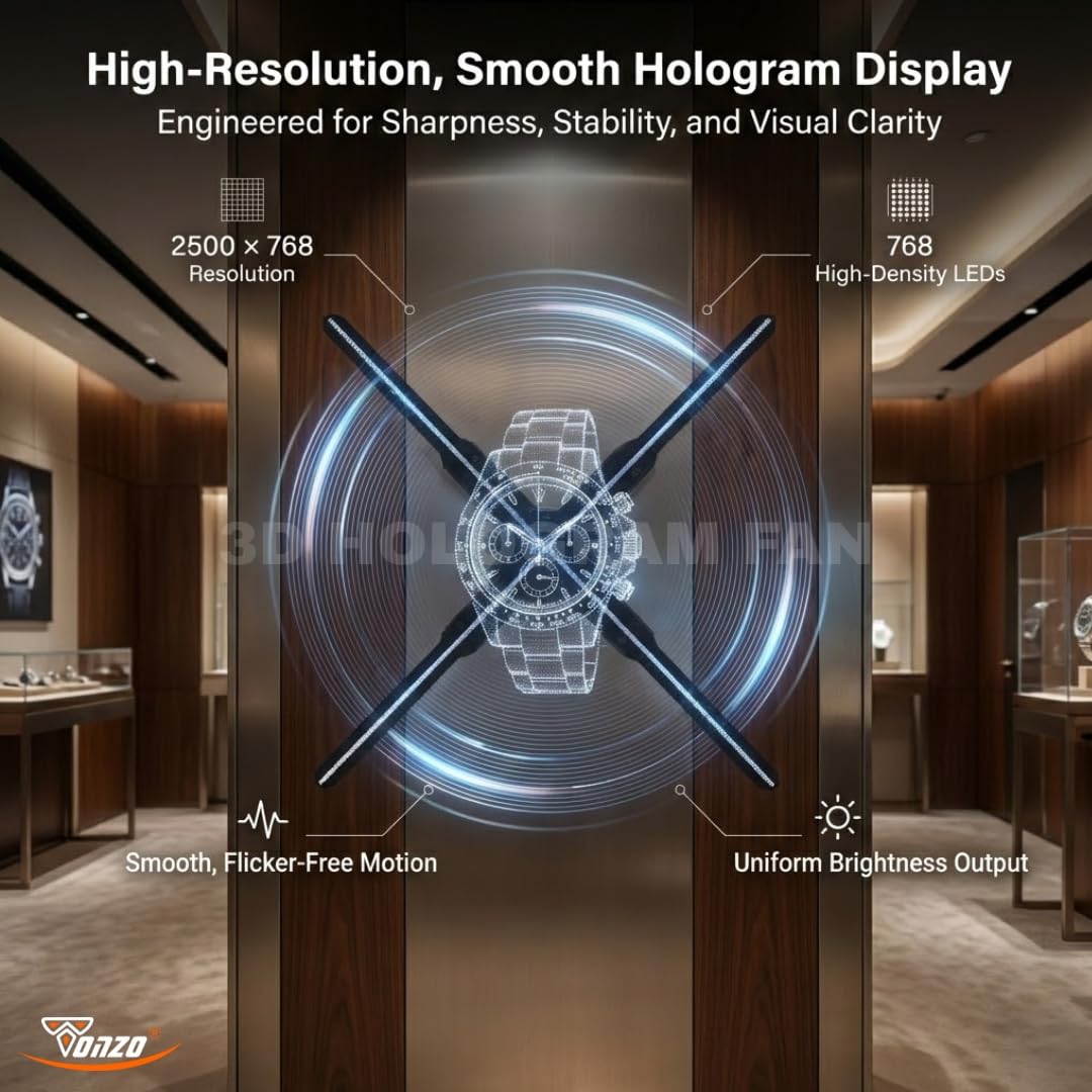 TONZO 65 cm 3D Hologram Fan Display With Spin App Control, Holographic Advertising Display, 4 Blade, 768 LEDs, 2500×768 Resolution, Wi-Fi, BT, 8GB Storage | LED Display Fan for Shop, Mall & Events Visit the TONZO Store