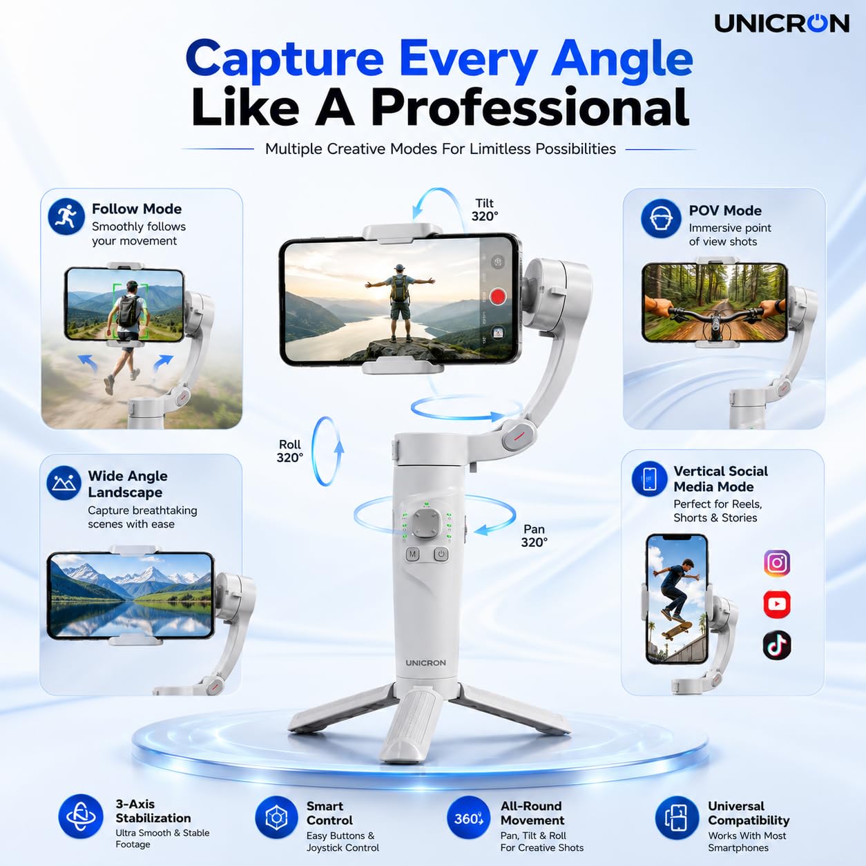 M1 3-Axis Gimbal Stabilizer for Mobile with Built-in Extension Rod & Tripod Foldable Phone Gimble for Vlogging, Reels & YouTube Video, iPhone & Android, 8hr Battery
