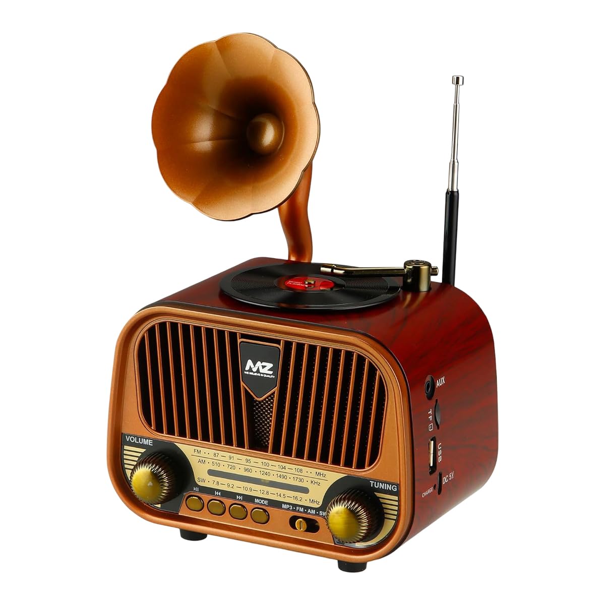 Vintage Gramophone Style Bluetooth Speaker | Retro Portable Wireless Speaker with Bluetooth 5.3, FM Radio, USB/TF Card Support & Type-C Fast Charging(MZ M427SP) (Reddish Brown)