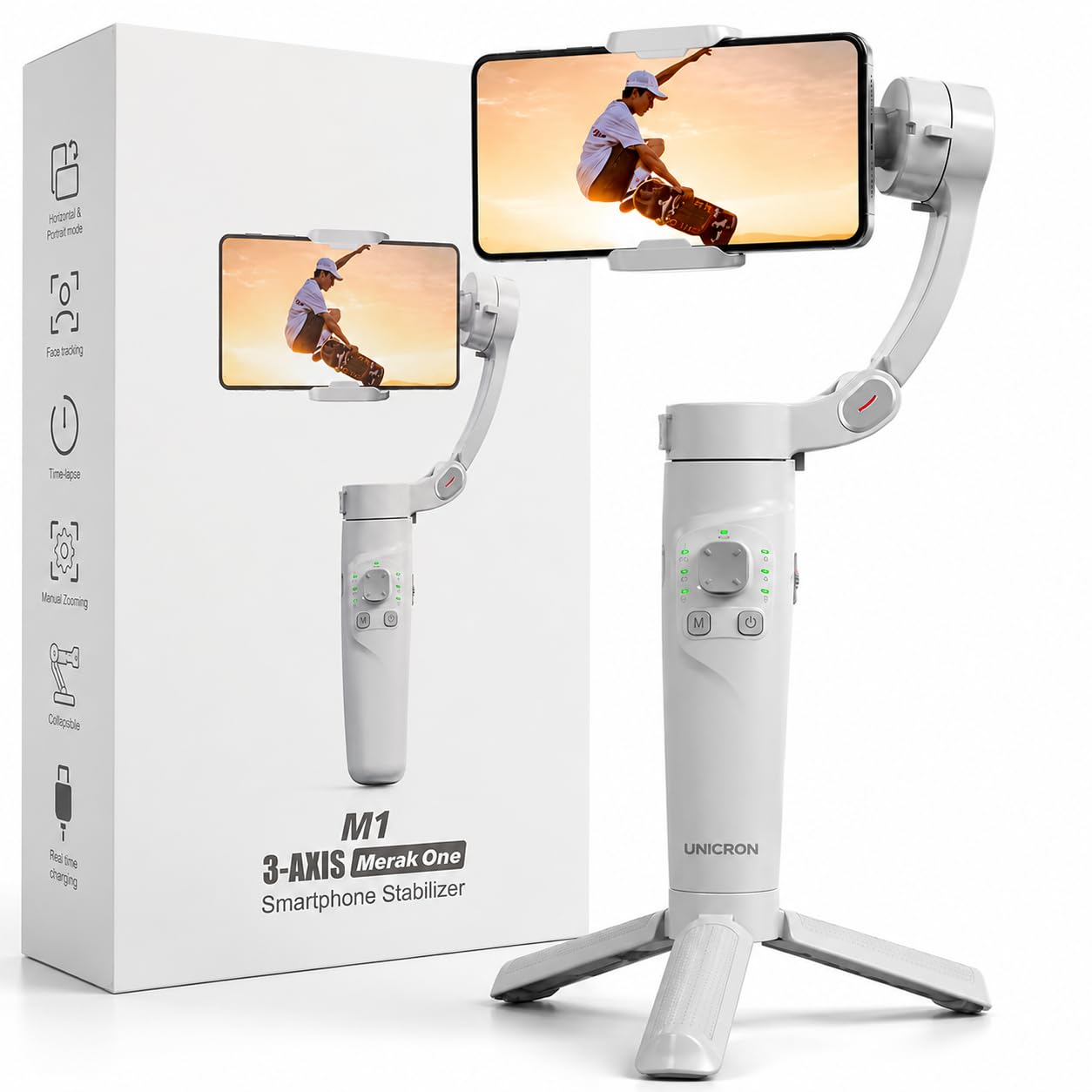 M1 3-Axis Gimbal Stabilizer for Mobile with Built-in Extension Rod & Tripod Foldable Phone Gimble for Vlogging, Reels & YouTube Video, iPhone & Android, 8hr Battery