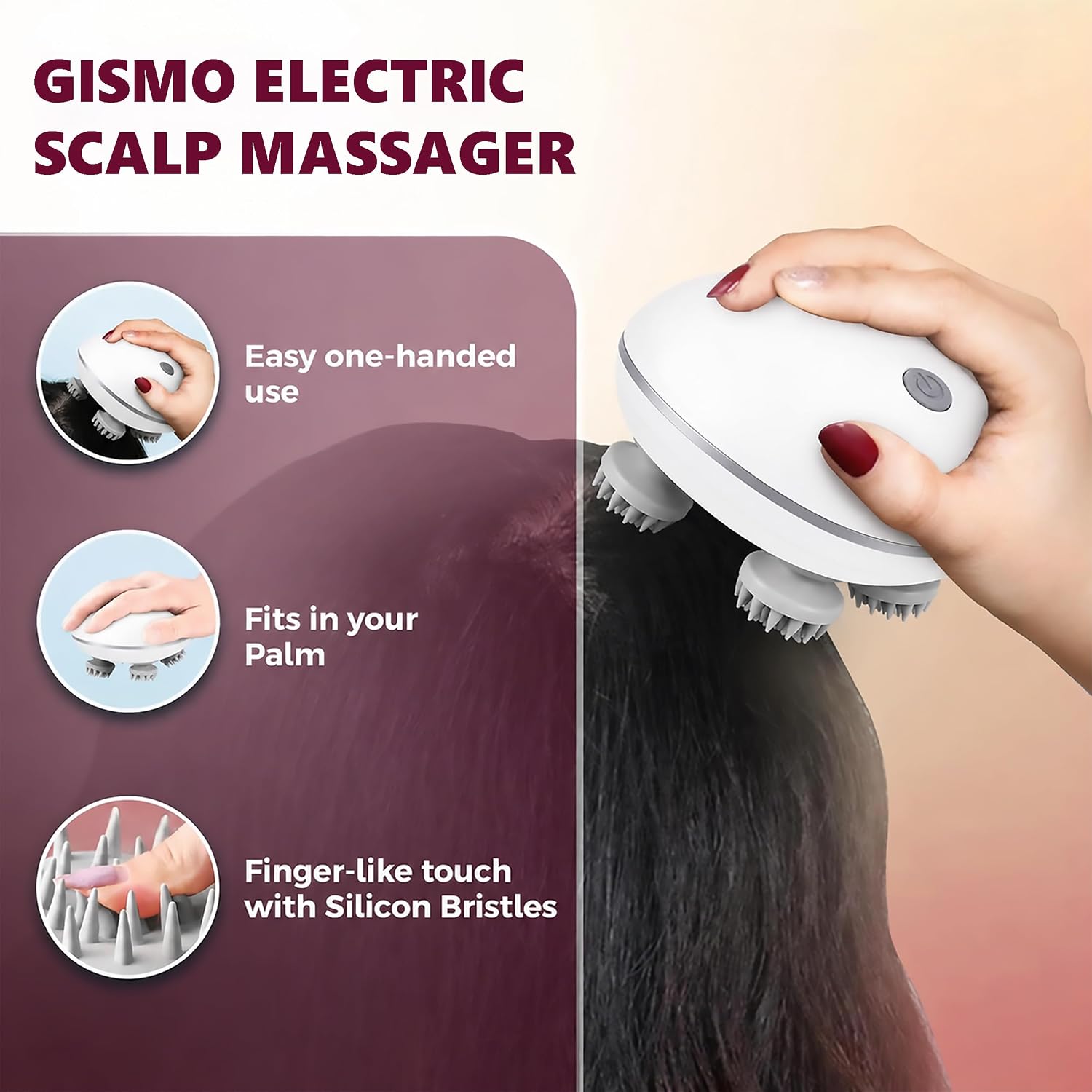 GISMO Smart Electric Scalp Massager - 3D Deep Kneading Head Massager for Stress Relief, Scalp Care & Hair Growth | Cordless USB Rechargeable Full Body Massager for Neck, Shoulders & Back
