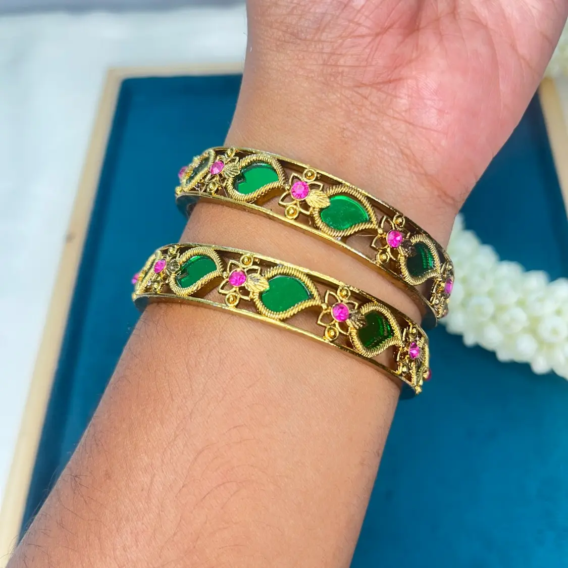 Pallavi Heritage Gold Plated Pair of Emerald Leaf Enamel Palakka Bangles SJB012-24 SJB012-26