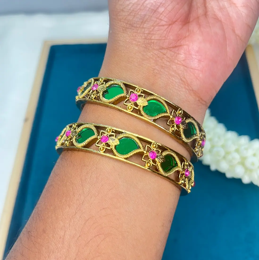 Pallavi Heritage Gold Plated Pair of Emerald Leaf Enamel Palakka Bangles SJB012-24 SJB012-26