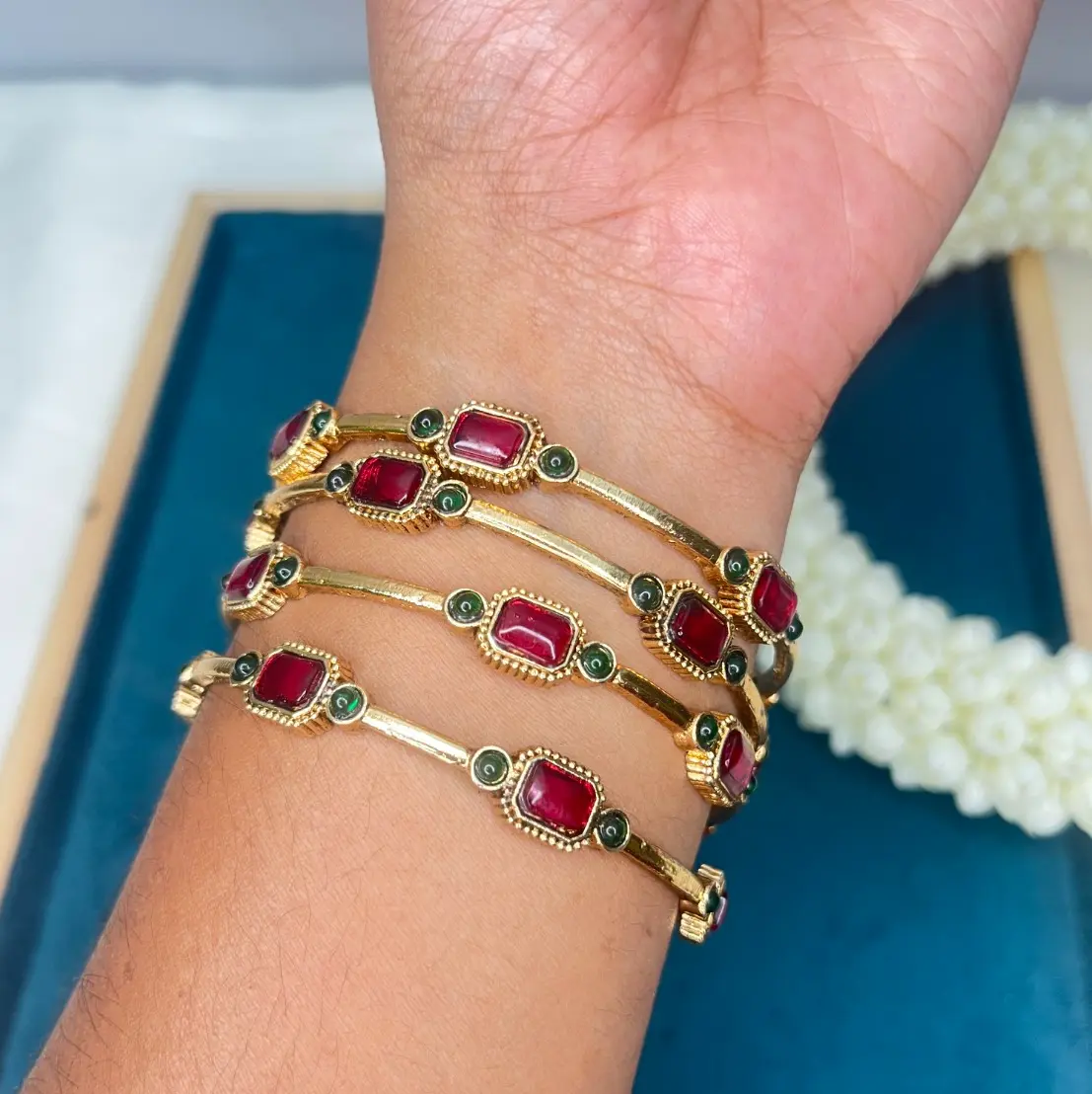 Akshara Heritage Gold Plated Set of 4 Ruby Kemp Sleek Bangles SJB013-24 SJB013-28