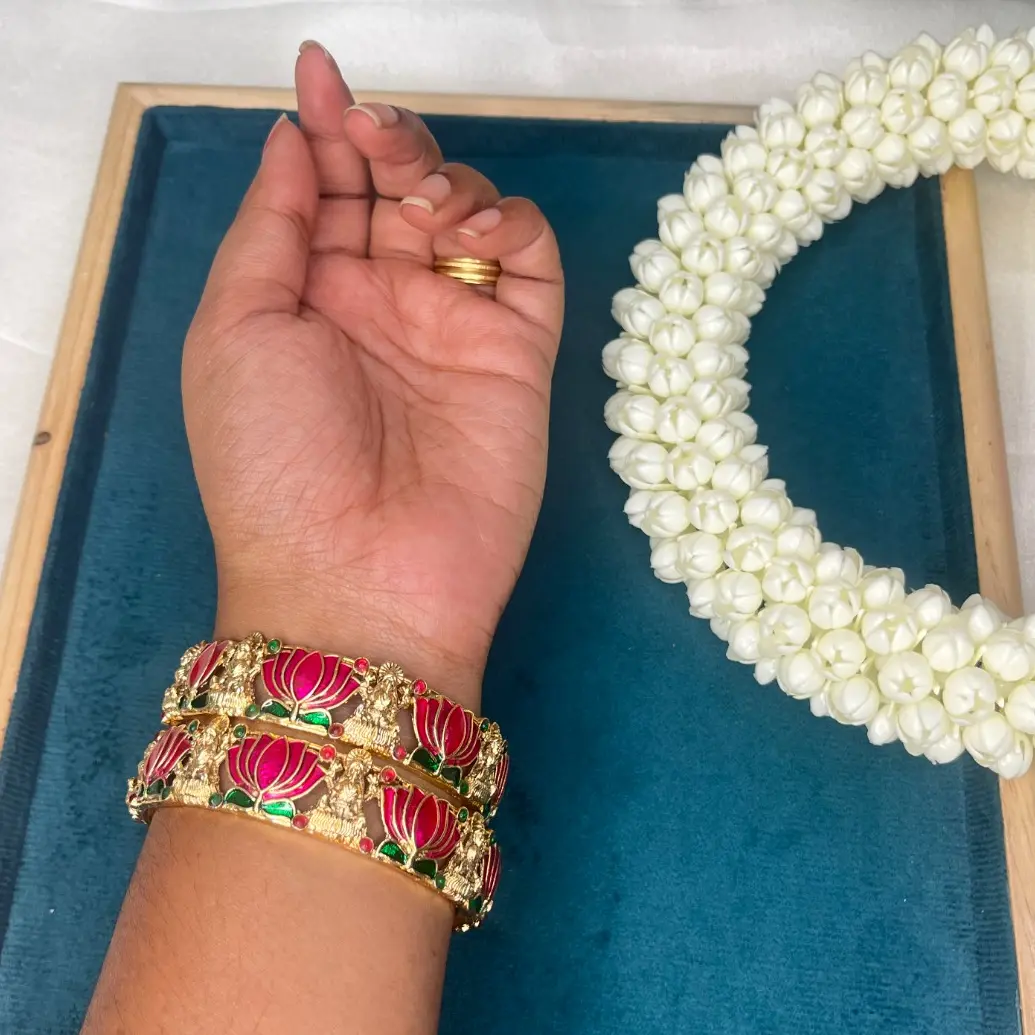 Kamalini Heritage Gold Plated Pair of Lotus Enamel & Goddess Lakshmi Bangles SJB018-28
