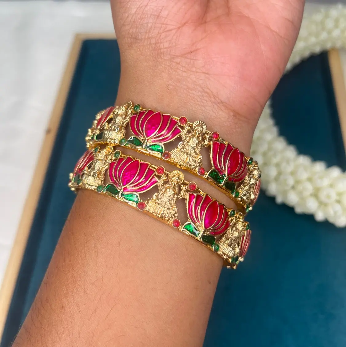 Kamalini Heritage Gold Plated Pair of Lotus Enamel & Goddess Lakshmi Bangles SJB018-28