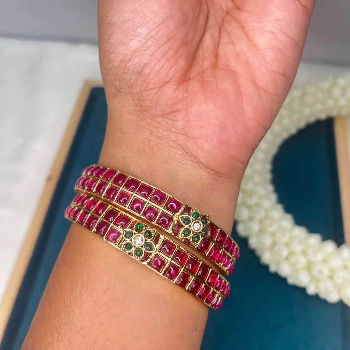 Manjari Heritage Antique Gold Pair of Ruby Kemp Bangles with Floral CZ Accents SJB019-28