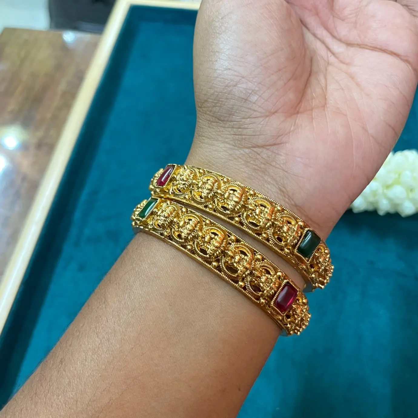 Shringara Ashtalakshmi Antique Gold Temple Bangle Set with Ruby & Emerald Stones SJB025-24 SJB025-26 SJB025-28