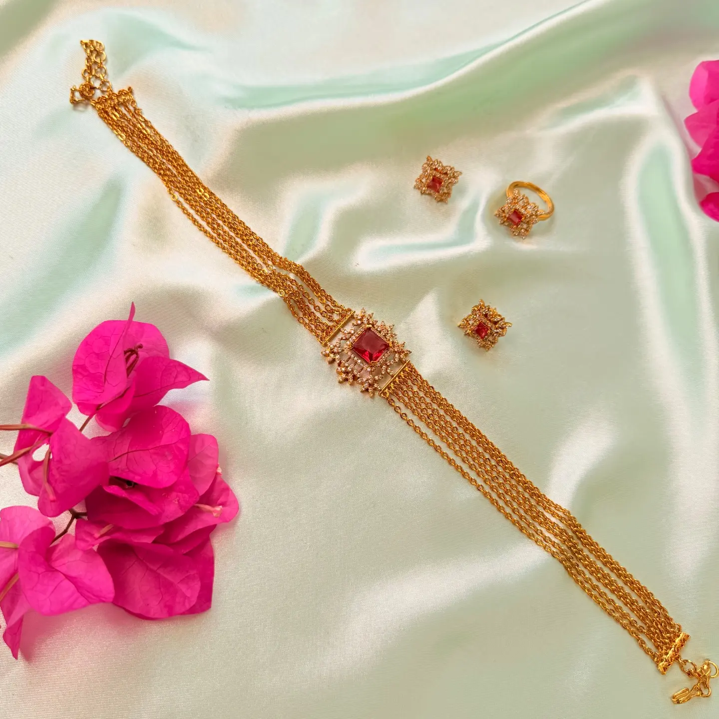 Contemporary CZ Multi-Strand Choker Set with Ring SJAD011