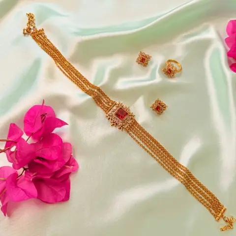 Contemporary CZ Multi-Strand Choker Set with Ring SJAD011