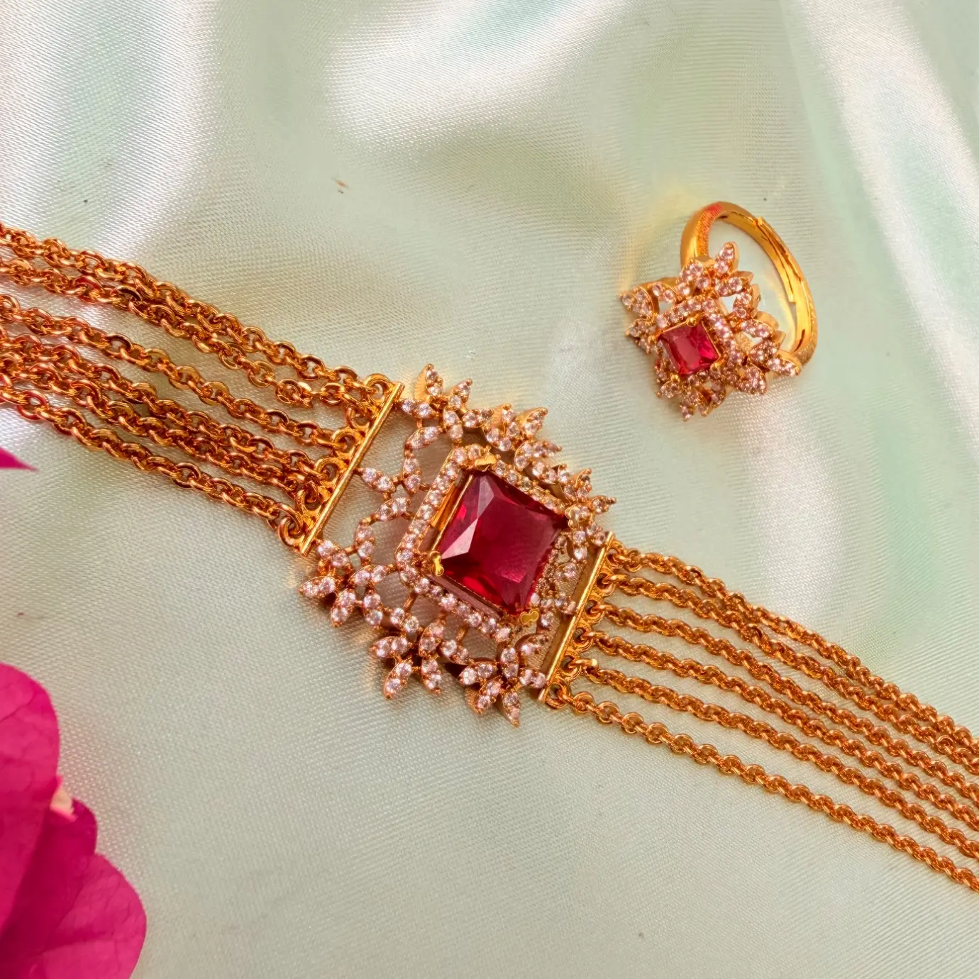 Contemporary CZ Multi-Strand Choker Set with Ring SJAD011