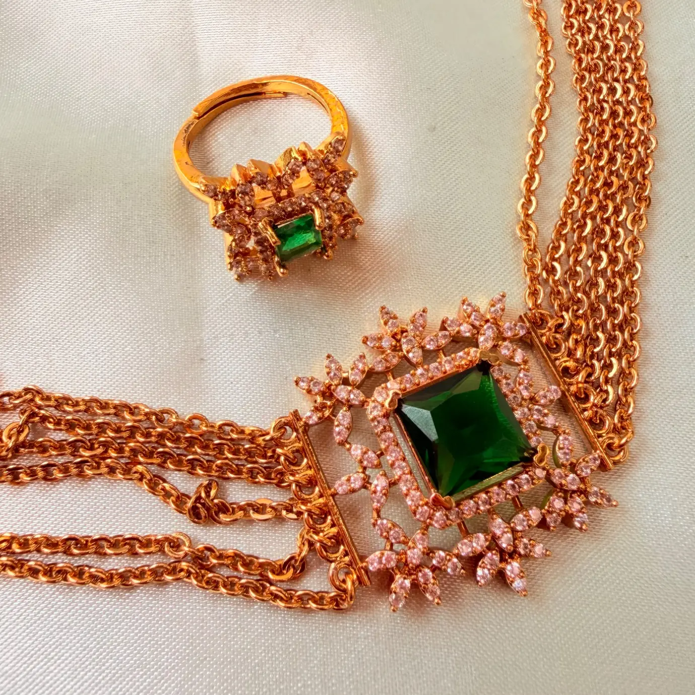 Contemporary CZ Multi-Strand Choker Set with Ring SJAD011