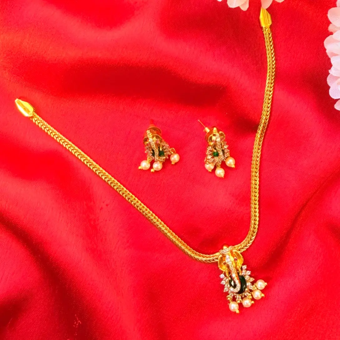Lord Ganesha American Diamond (AD/CZ) Pendant Chain Set with Pearl Drops SJAD015