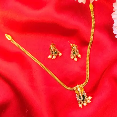 Lord Ganesha American Diamond (AD/CZ) Pendant Chain Set with Pearl Drops SJAD015