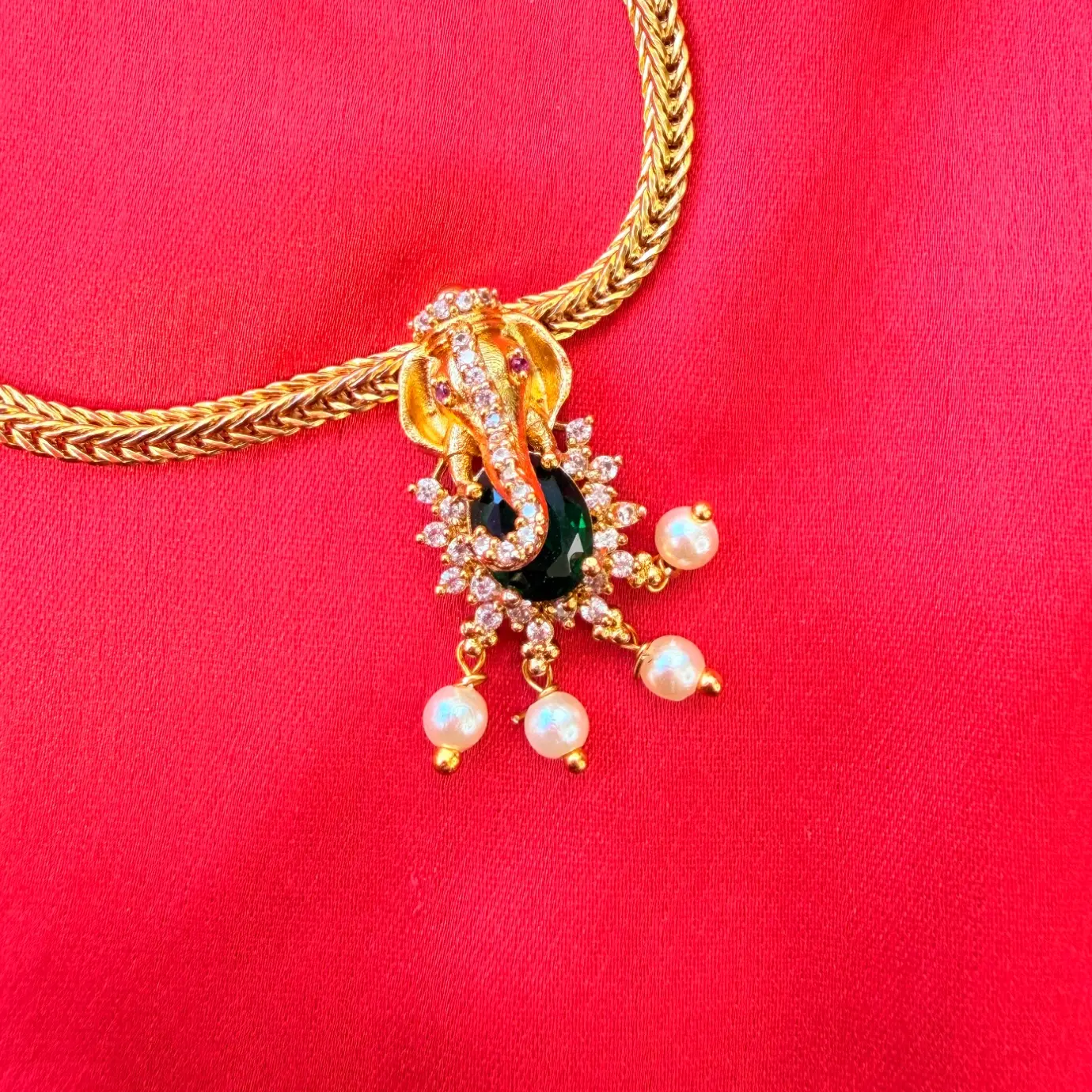 Lord Ganesha American Diamond (AD/CZ) Pendant Chain Set with Pearl Drops SJAD015