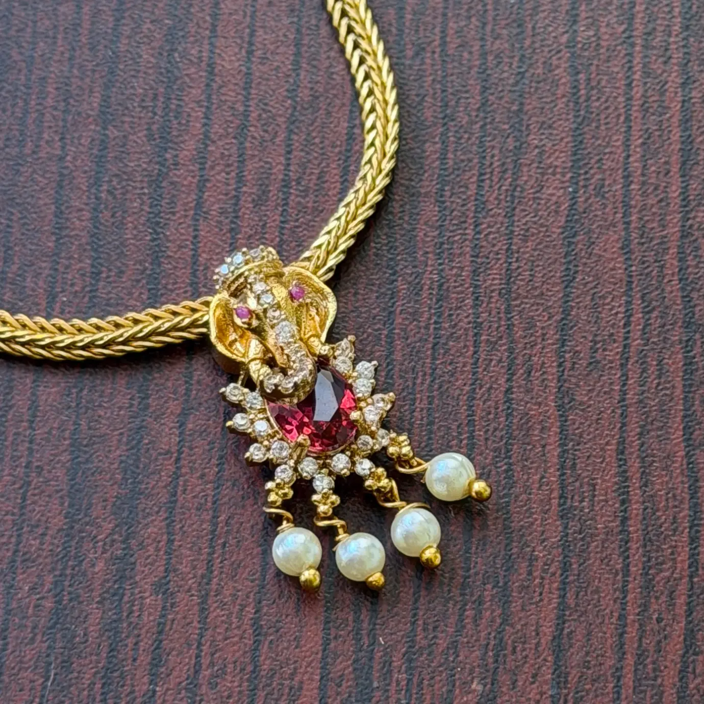 Lord Ganesha American Diamond (AD/CZ) Pendant Chain Set with Pearl Drops SJAD015
