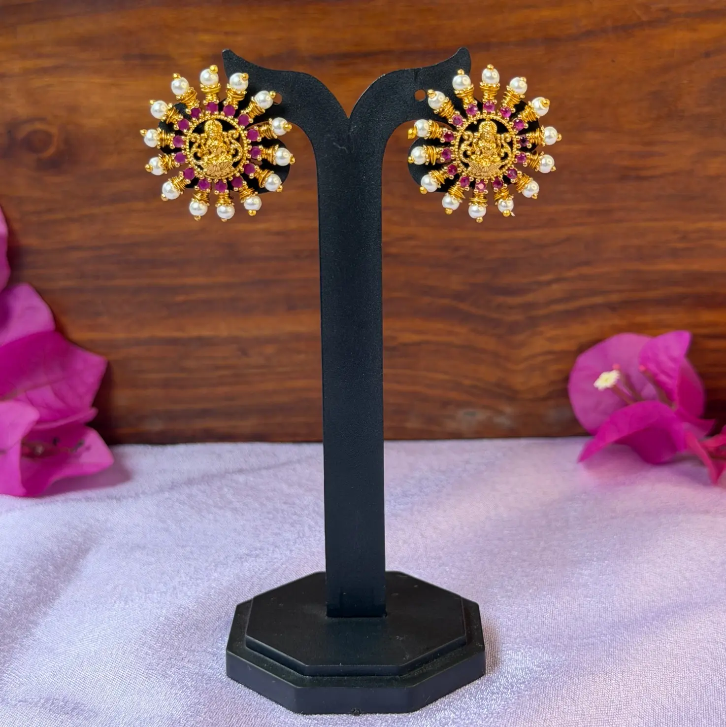 Radiant Goddess Lakshmi Sunburst Stud Earrings