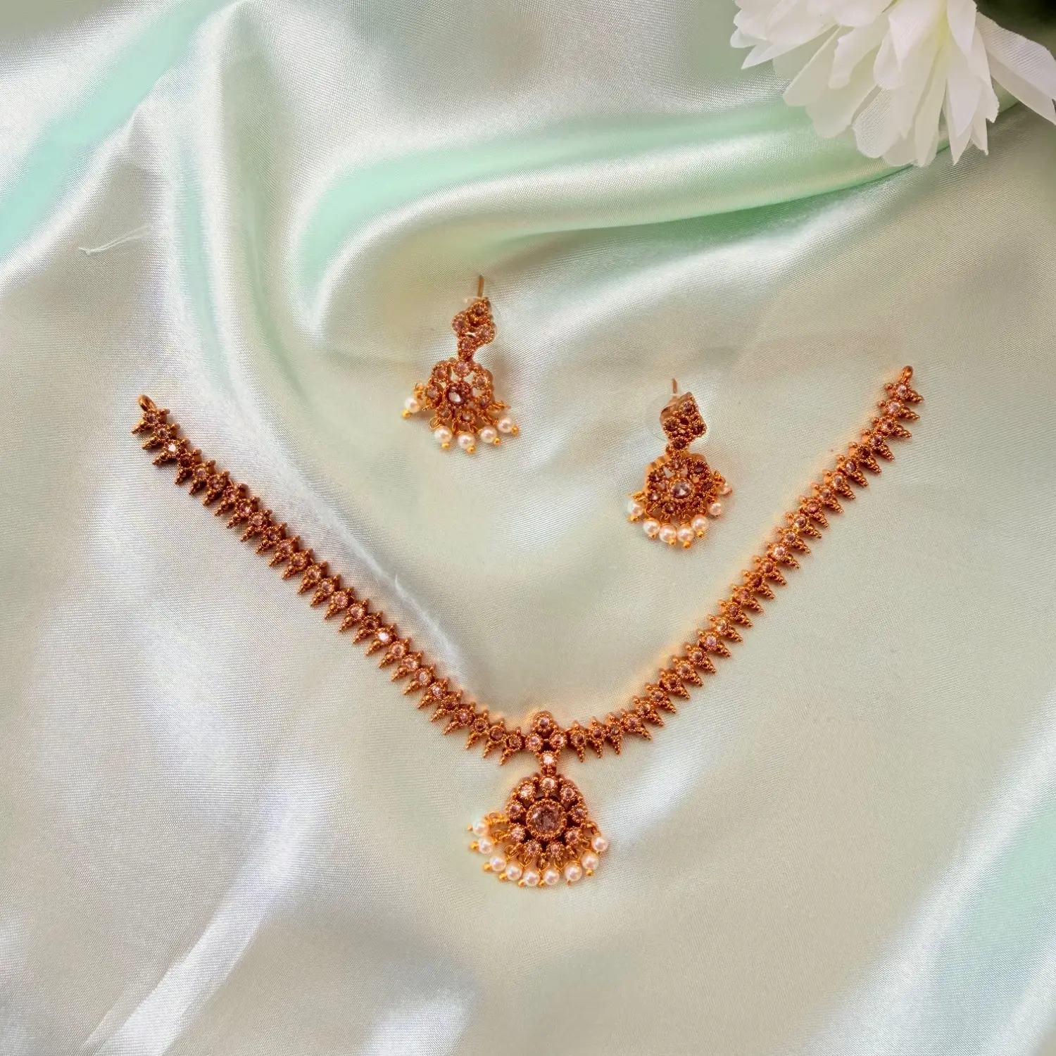 CZ stone necklace set, American diamond jewelry, gold plated necklace, circular pendant necklace, party wear jewelry, designer necklace set