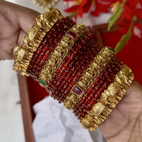 Antique Elephant & Goddess Lakshmi Temple Kada Bangle Set (with Deep Red Crystal Glass Bangles)