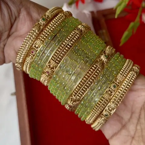 Lakshmi & Textured Mesh Temple Kada Bangle Set (with Light Olive Green Crystal Glass Bangles)