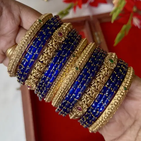 Antique Floral Work Temple Kada Bangle Set (with Royal Blue Crystal Glass Bangles)