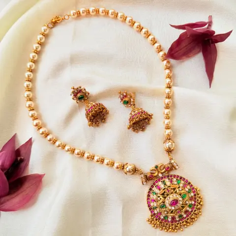 Pearl Beaded Antique Gold Pendant Necklace Set