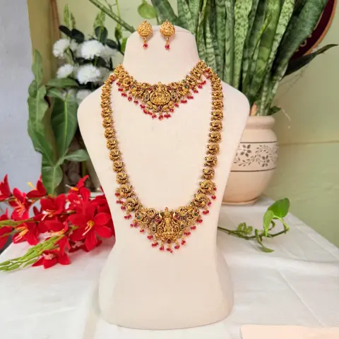 Gold replica Lakshmi Antique Temple Matching Necklace and Haram Set SJSB017