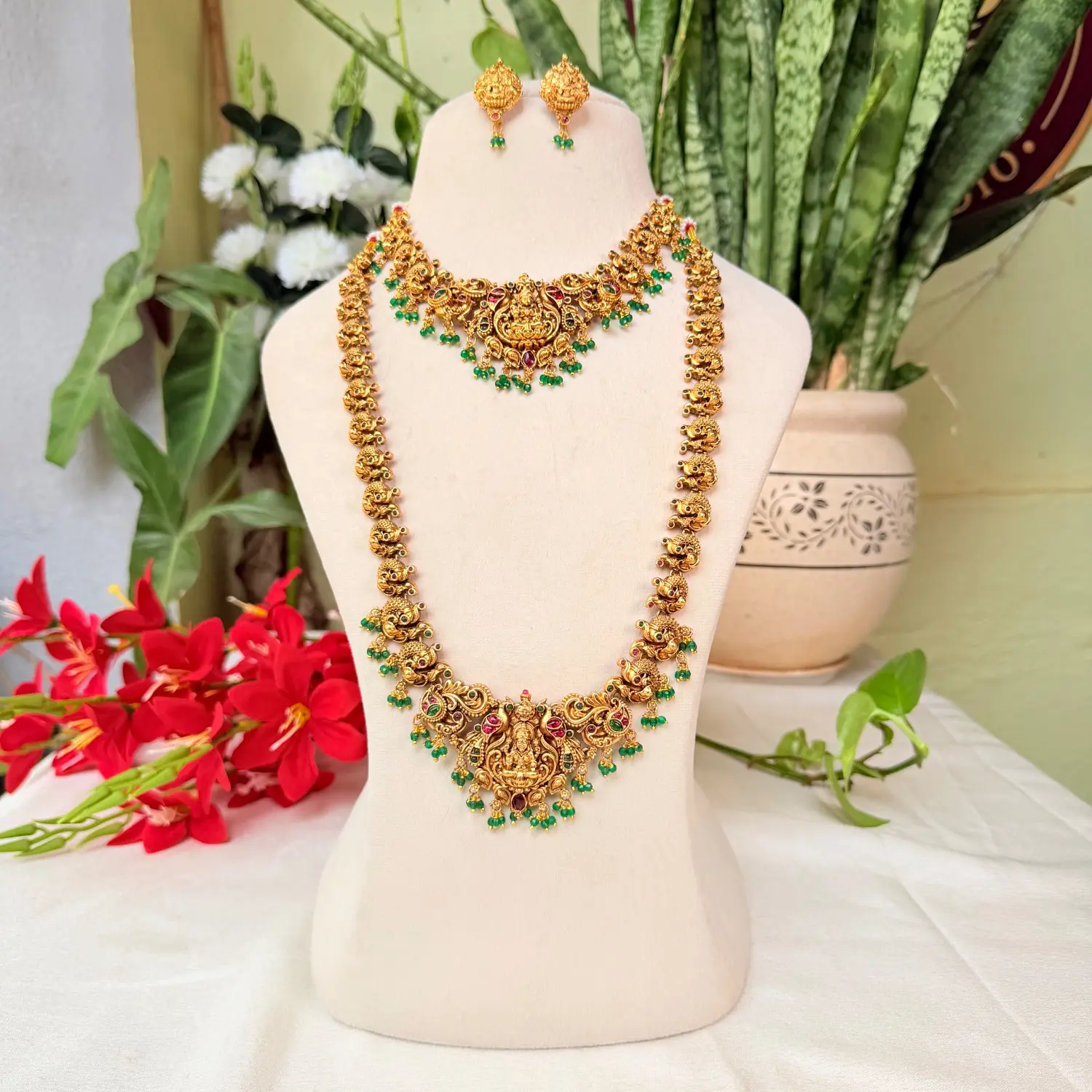 Gold replica Lakshmi Antique Temple Matching Necklace and Haram Set SJSB017