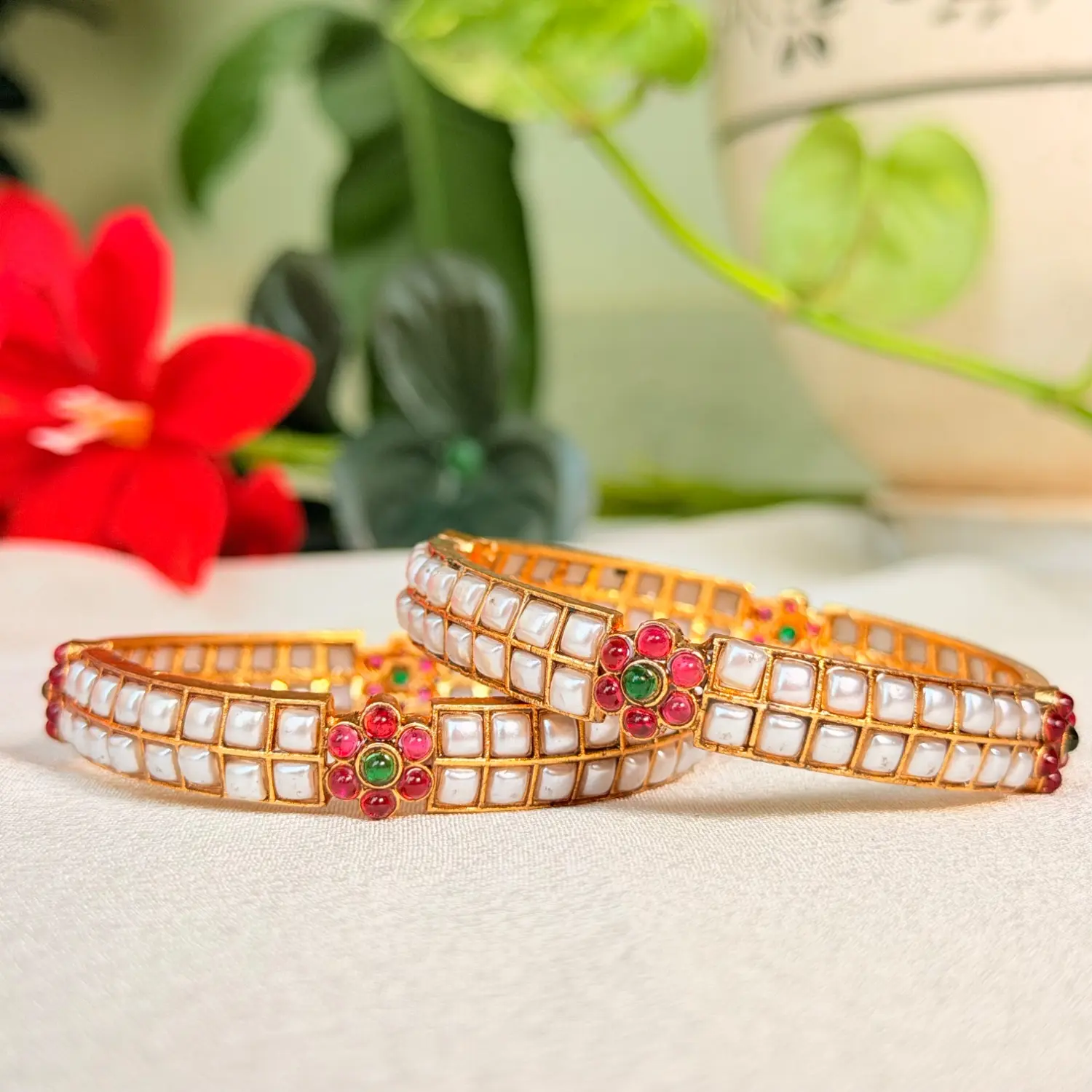 White Stone and Floral Motif Antique Bangles