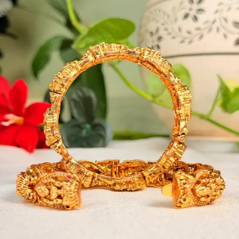 Goddess Lakshmi and Peacock Motif Antique Gold Bangles