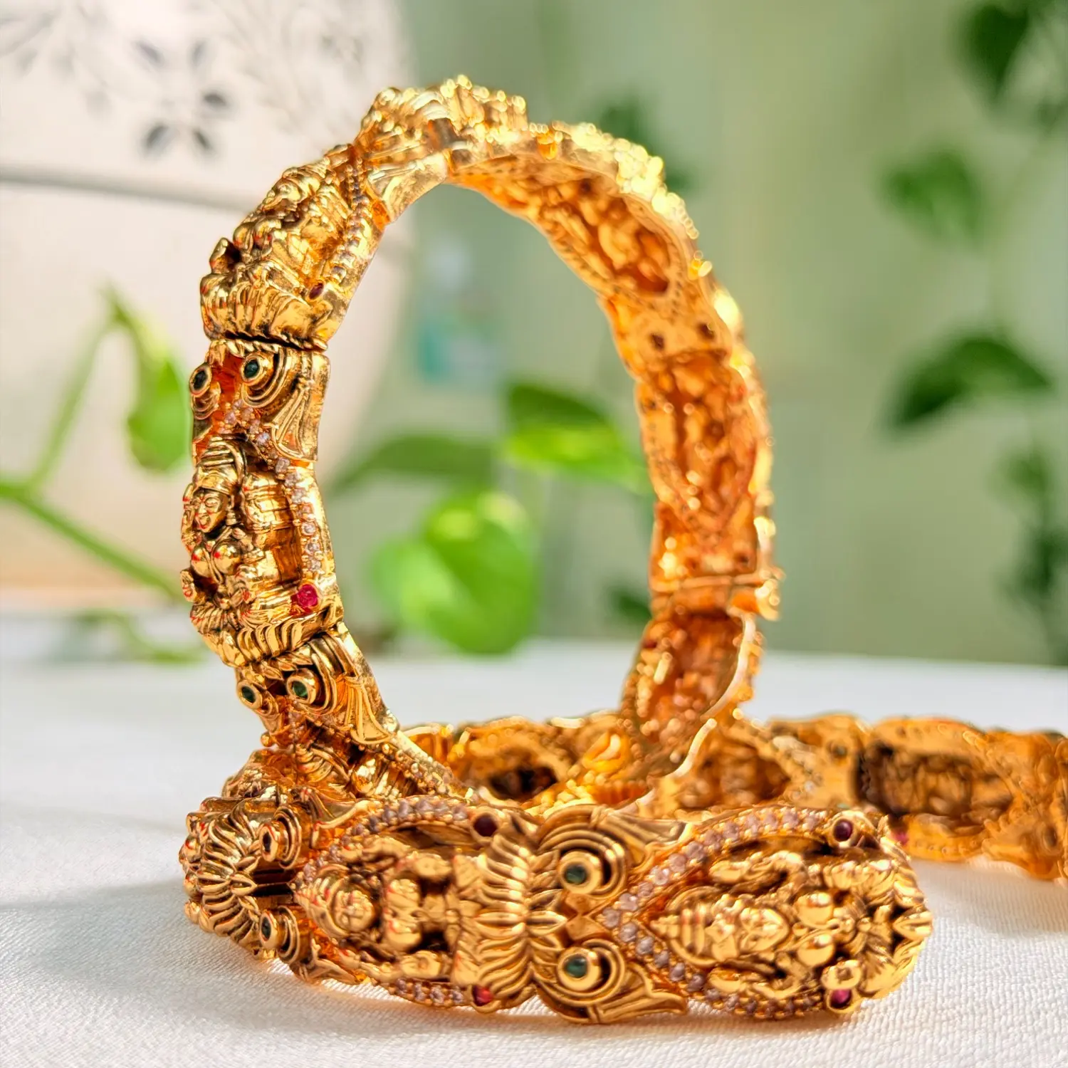 Goddess Lakshmi and Peacock Motif Antique Gold Bangles