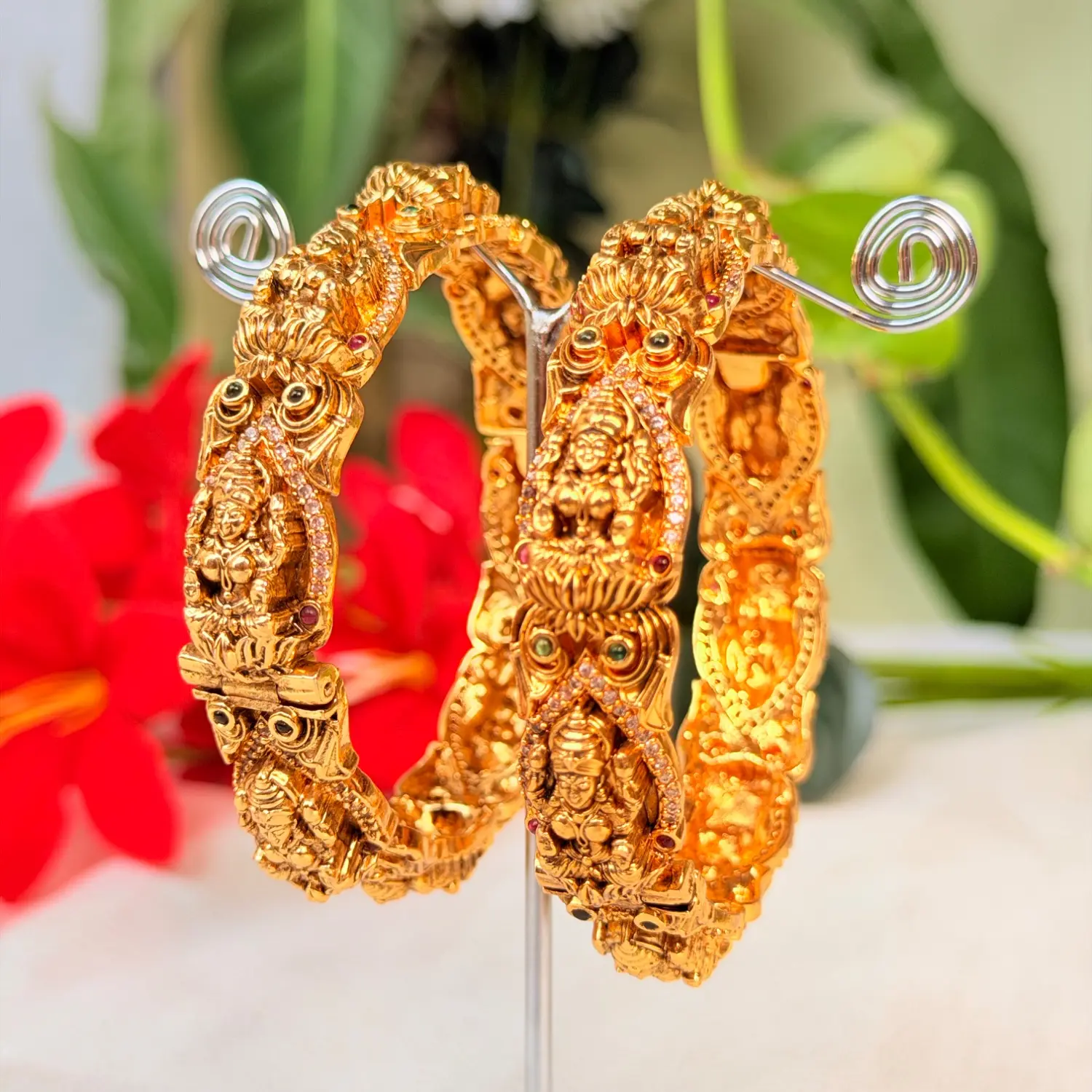 Goddess Lakshmi and Peacock Motif Antique Gold Bangles