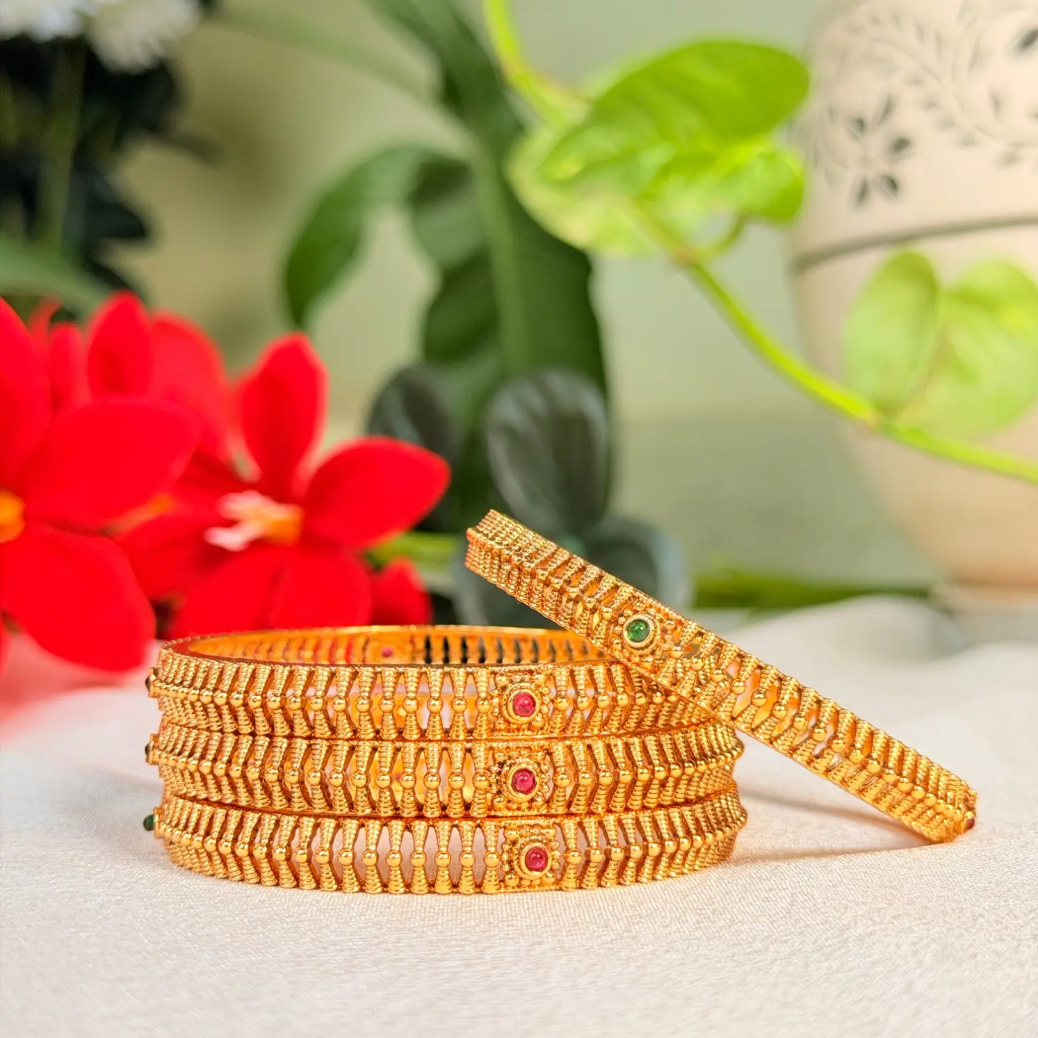 Traditional Temple Motif Textured Gold Bangles