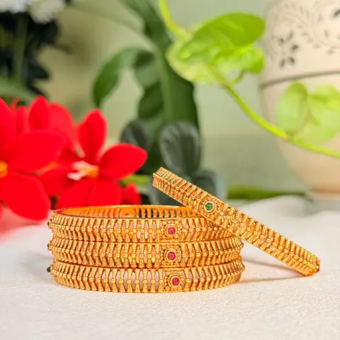 Traditional Temple Motif Textured Gold Bangles