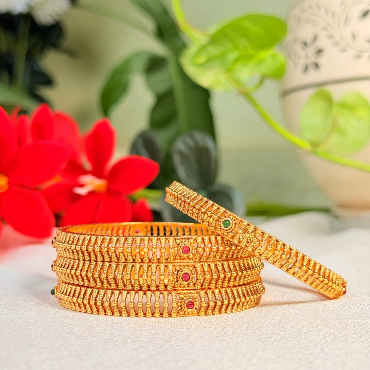 Traditional Temple Motif Textured Gold Bangles