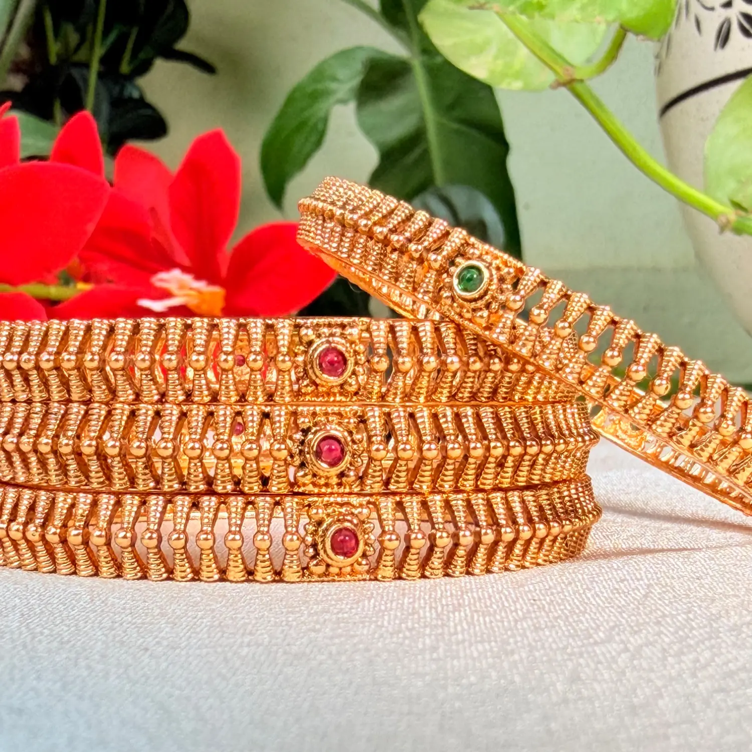 Traditional Temple Motif Textured Gold Bangles