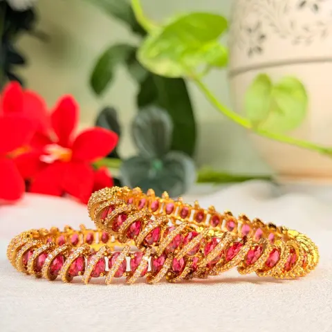 Ruby and White Stone Spiral Wave Antique Gold Bangles