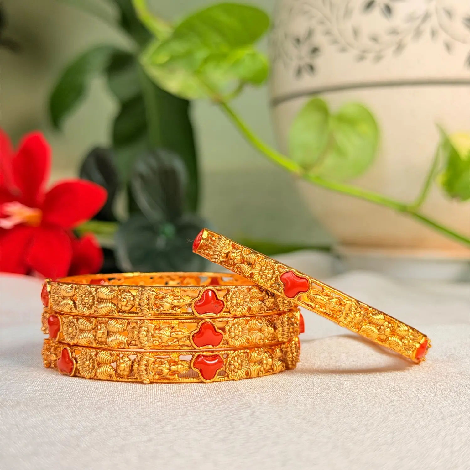 Red Stone Accented Traditional Temple Antique Bangles