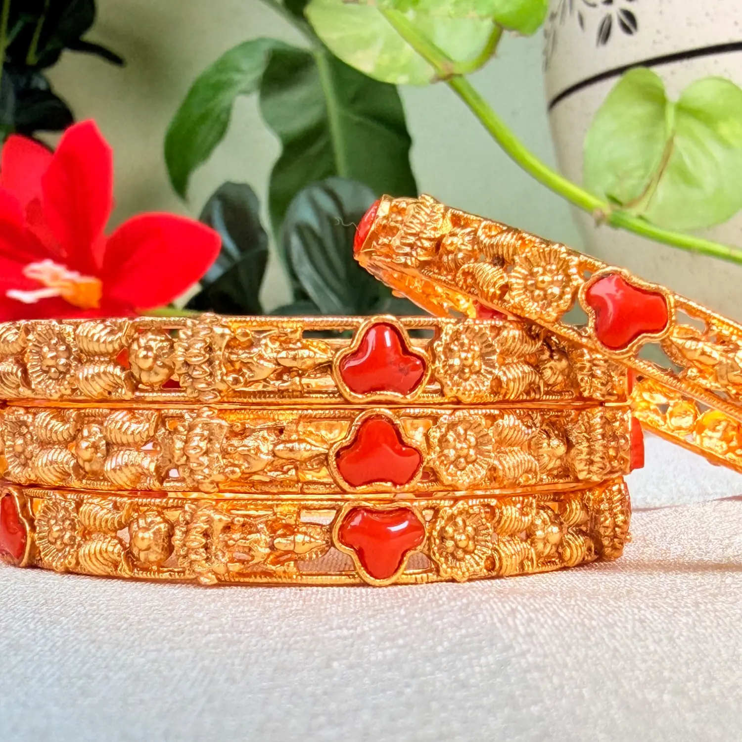 Red Stone Accented Traditional Temple Antique Bangles